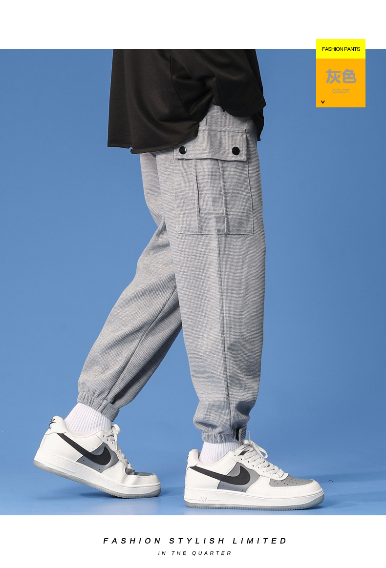 歌爱妮2021裤子男束脚裤春秋季潮流宽松休闲直筒阔腿卫裤纯色百搭运动