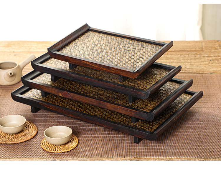 泰国禅意茶托盘复古长方形干泡茶盘家用日式实木竹编藤编茶杯托盘jing