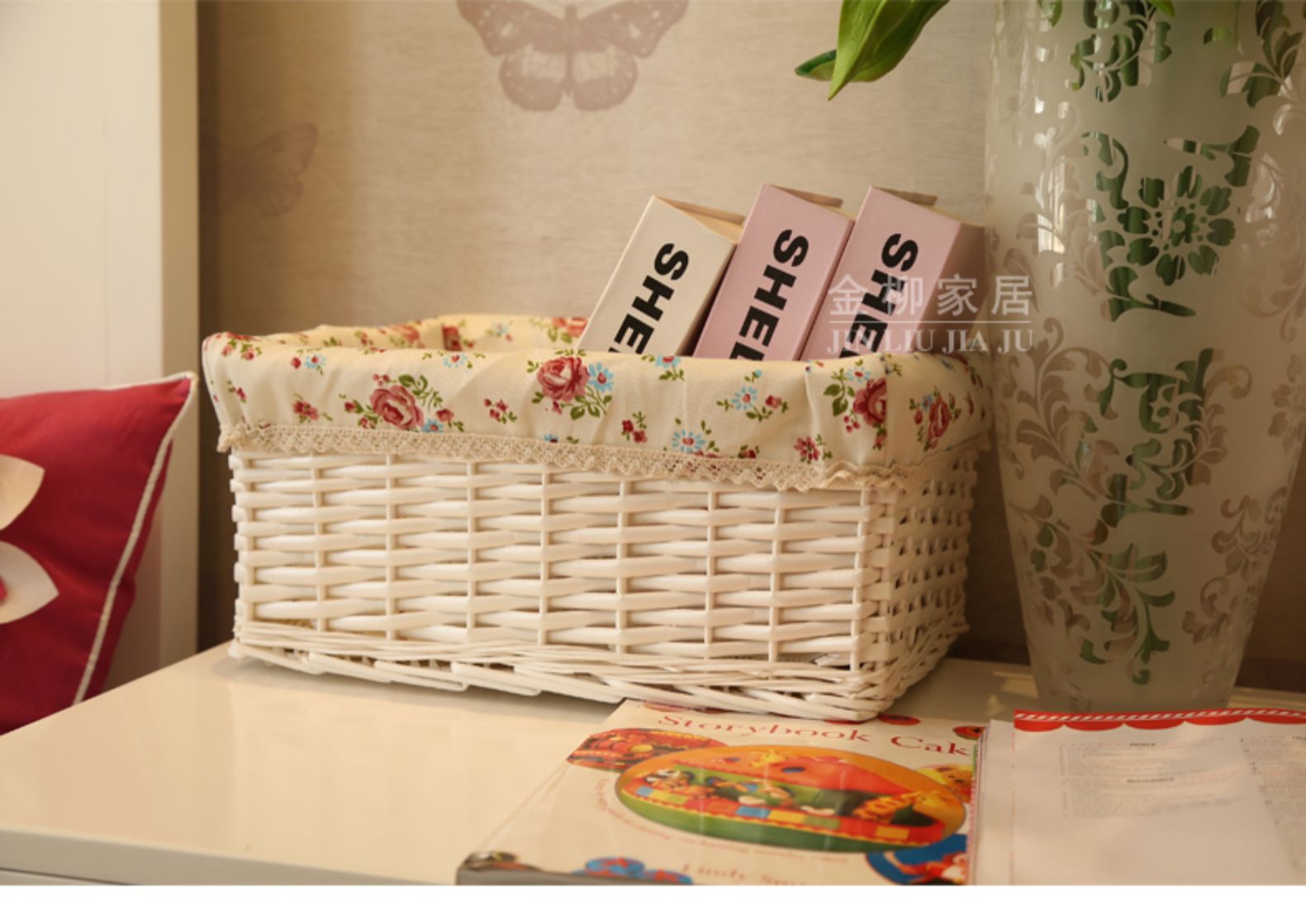 美帮汇藤编桌面收纳筐储物箱布艺收纳盒