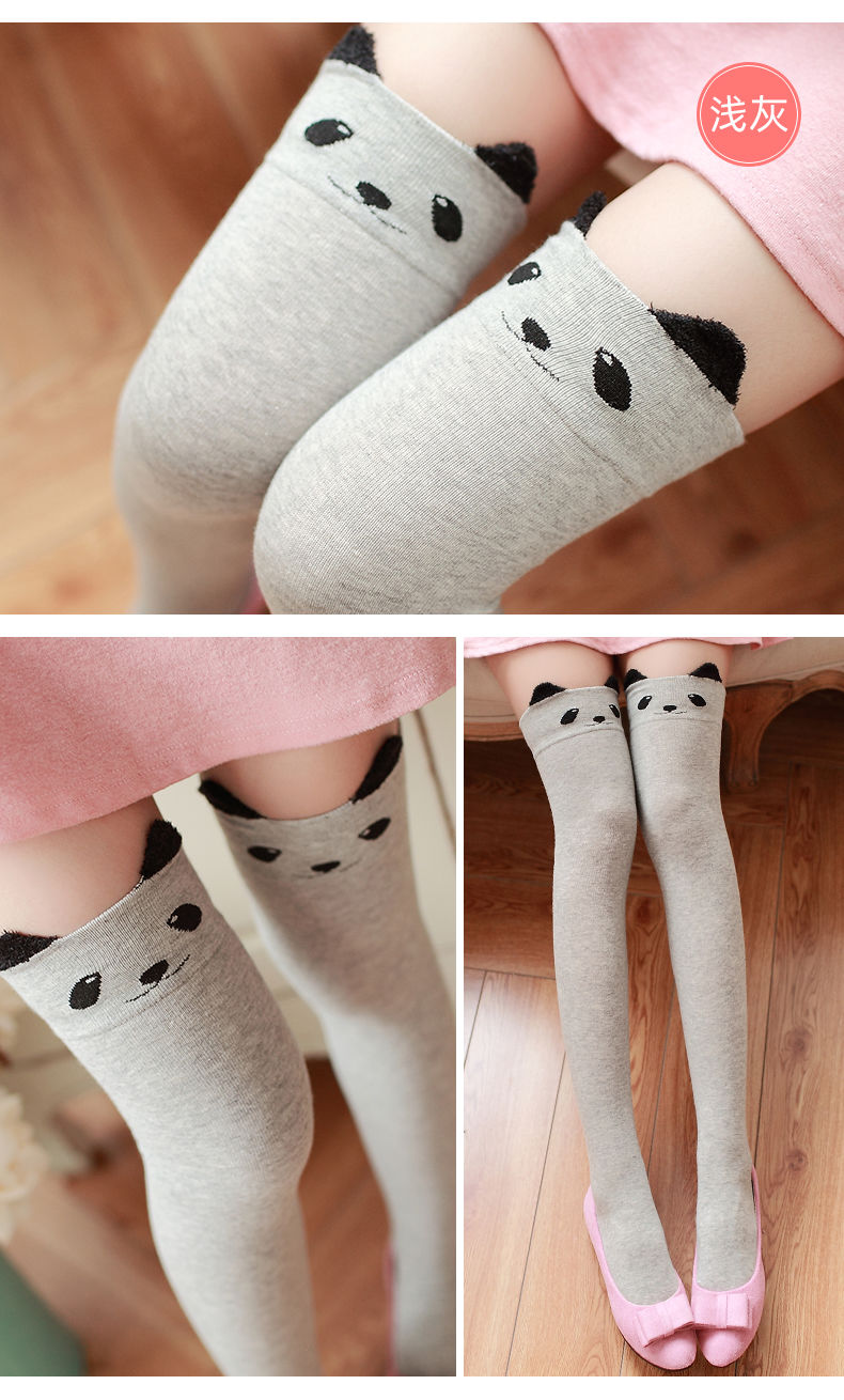 黑色猫咪春秋季卡通熊猫立体耳朵过膝袜可爱日系高筒袜子猫咪黑色长筒