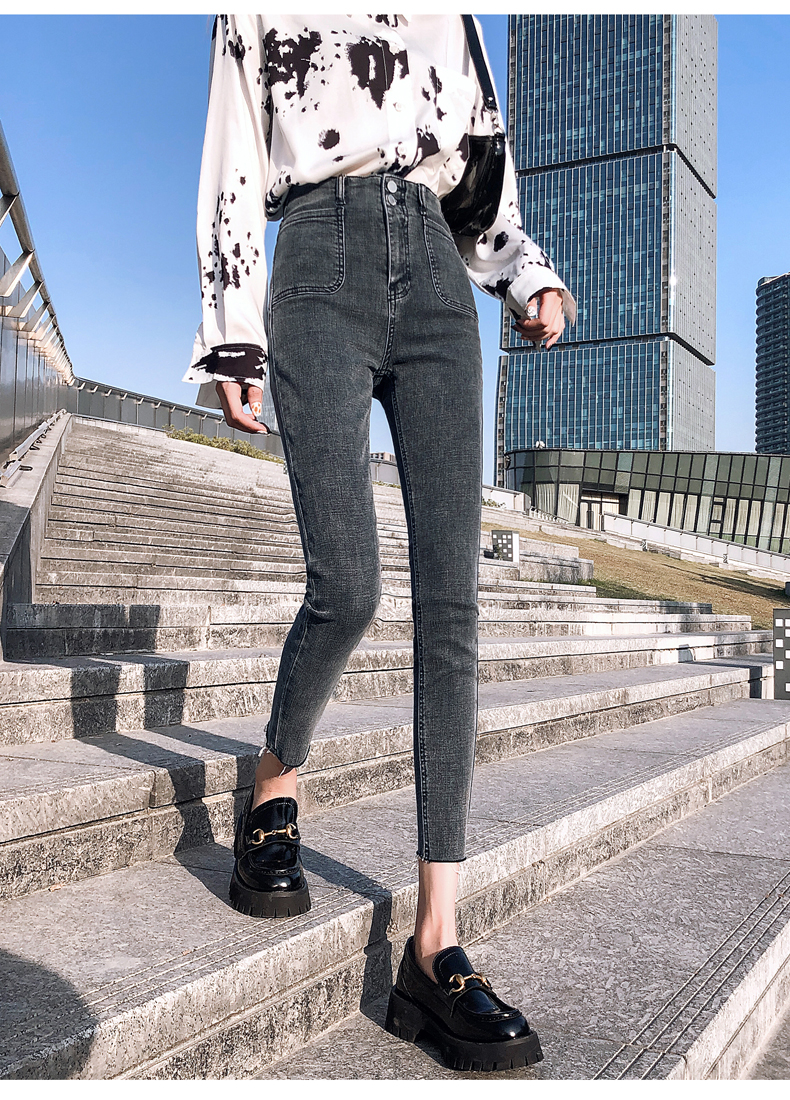 2020春装灰色小脚裤女装新款超高腰修身显瘦显高紧身欧货牛仔裤潮