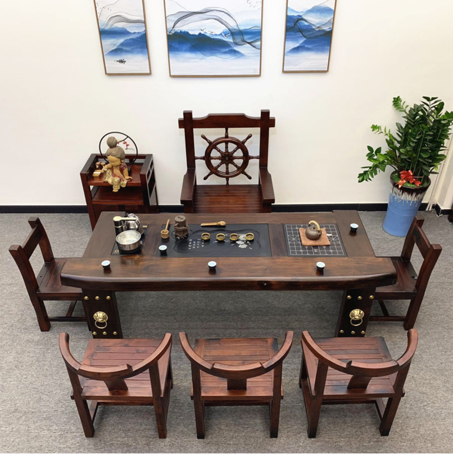 森美人老船木泡茶桌椅组合中式家用实几小茶台功夫茶桌茶具套装一体