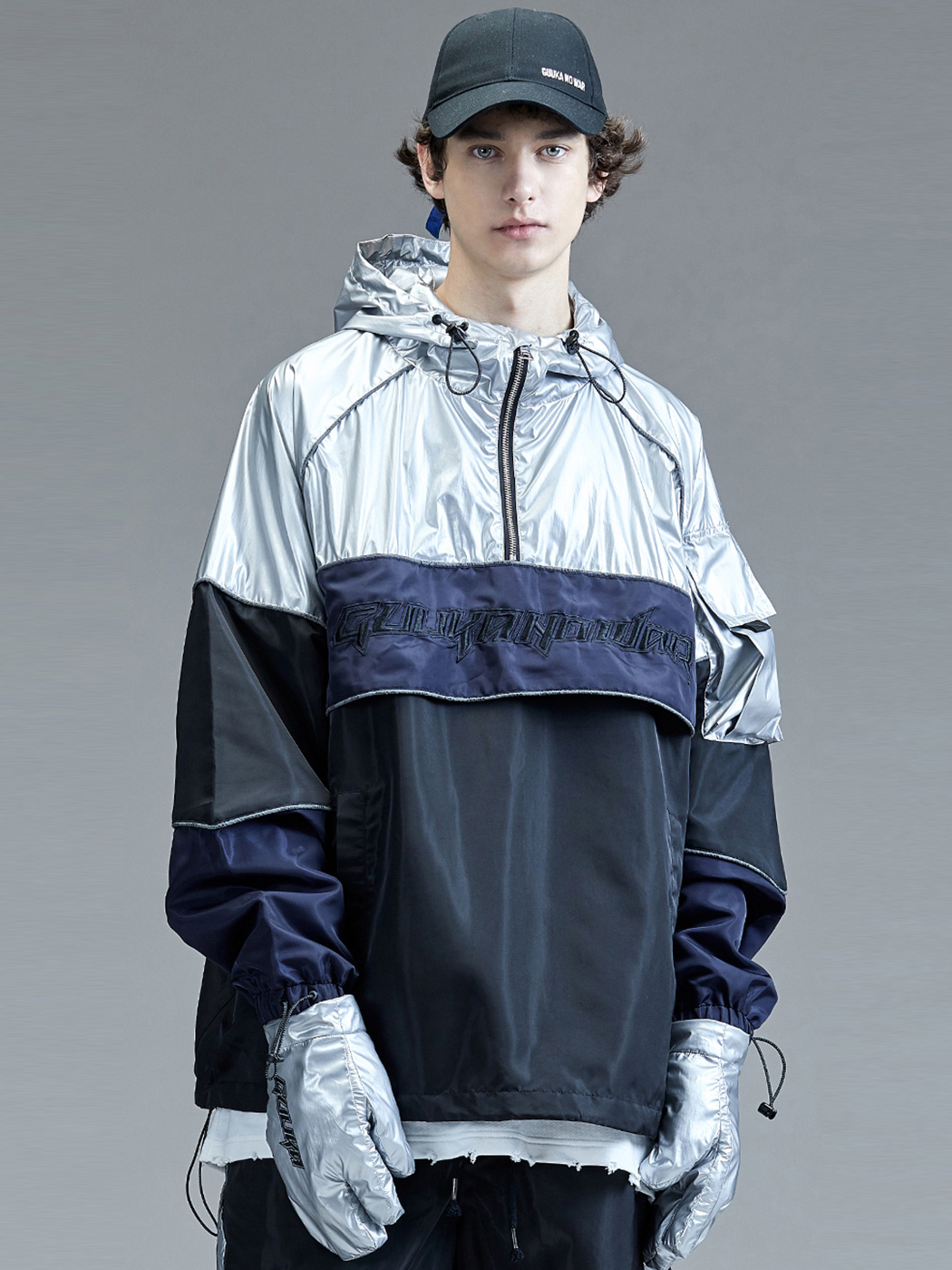 古由卡guuka嘻哈运动银色套头反光镭射防风外套男士风衣