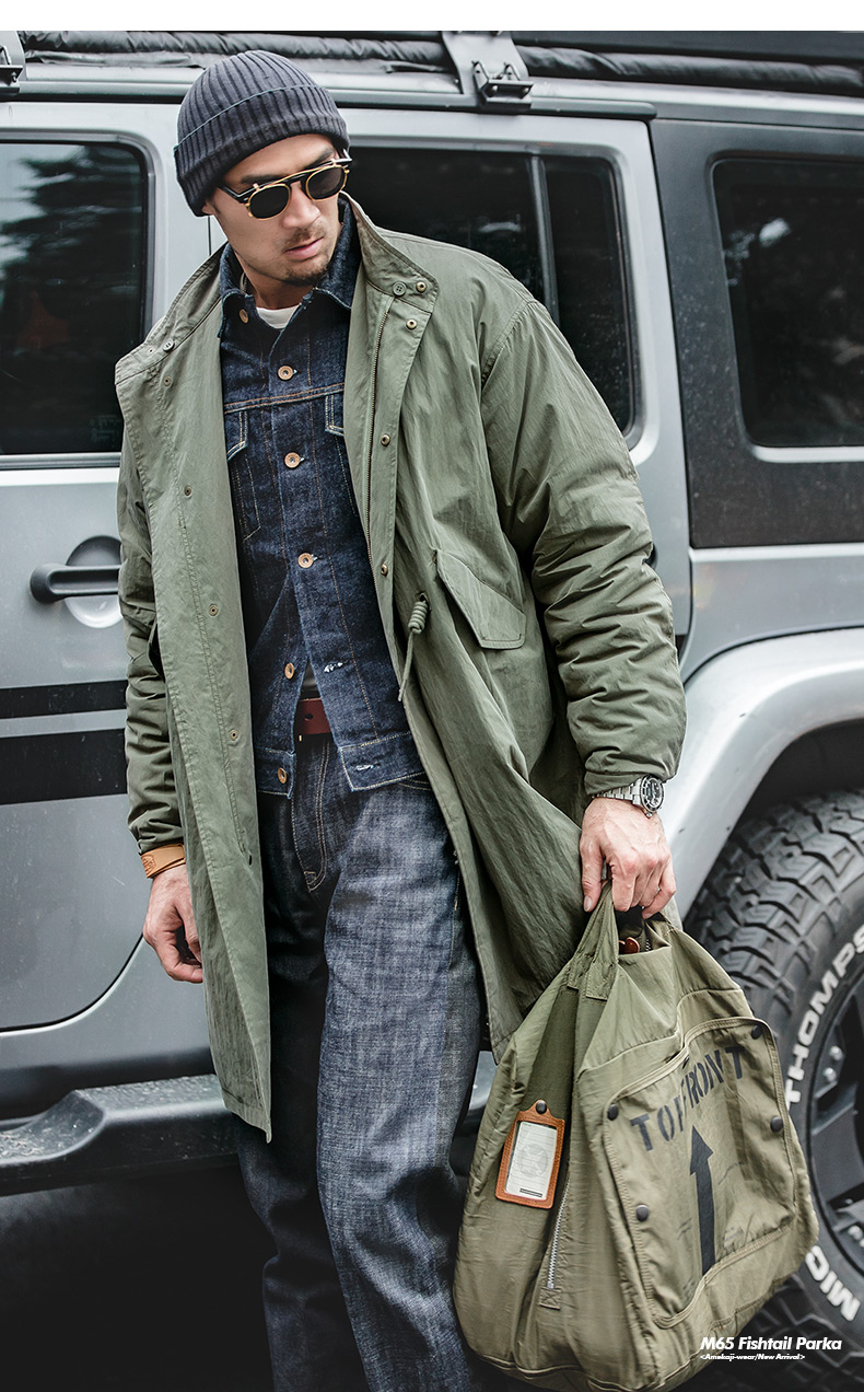 baluoshang马登工装美式复古二战m65派克鱼尾风衣连帽长款外套军大衣