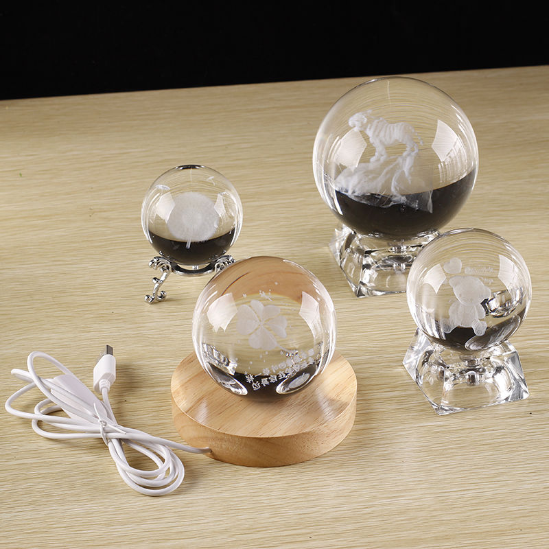 水晶球底座工艺品方体灯座usb纽扣电池充电插电水晶玻璃榉木灯座金属