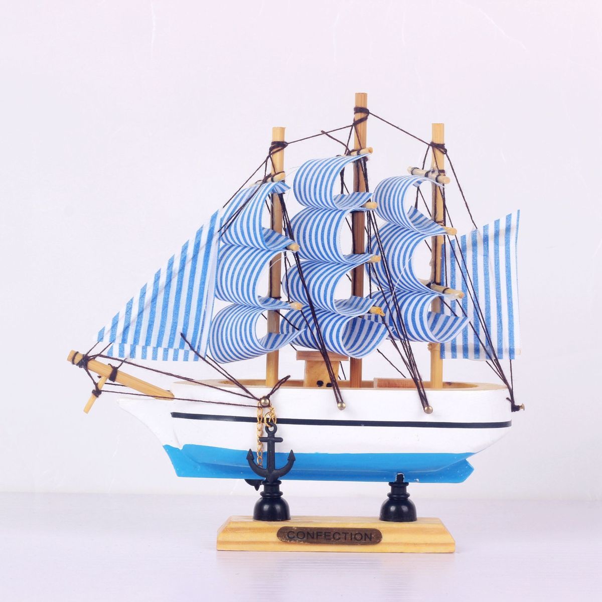 10cm蓝条帆布小帆船模型摆件蛋糕装饰木质工艺品船一帆风顺创意生日