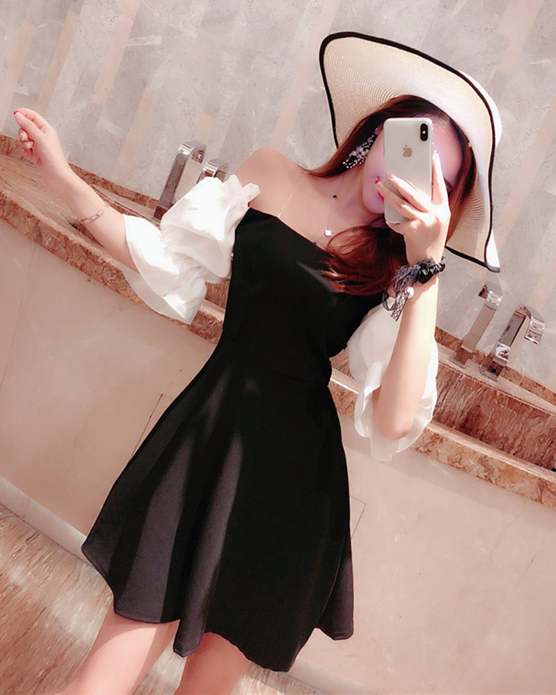 孜牧连衣裙 孜牧清纯主播上镜服装女 2019新款泡泡袖性感一字肩抹胸