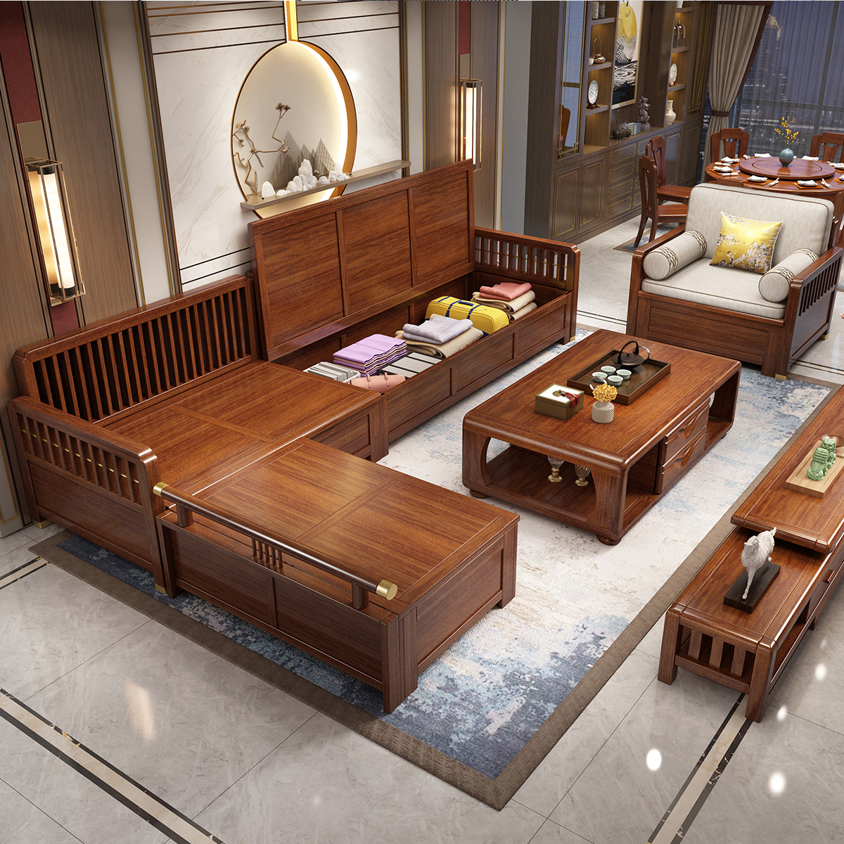 木格尚品 新中式客厅胡桃木实木沙发组合简约沙发客厅贵妃小户型高箱