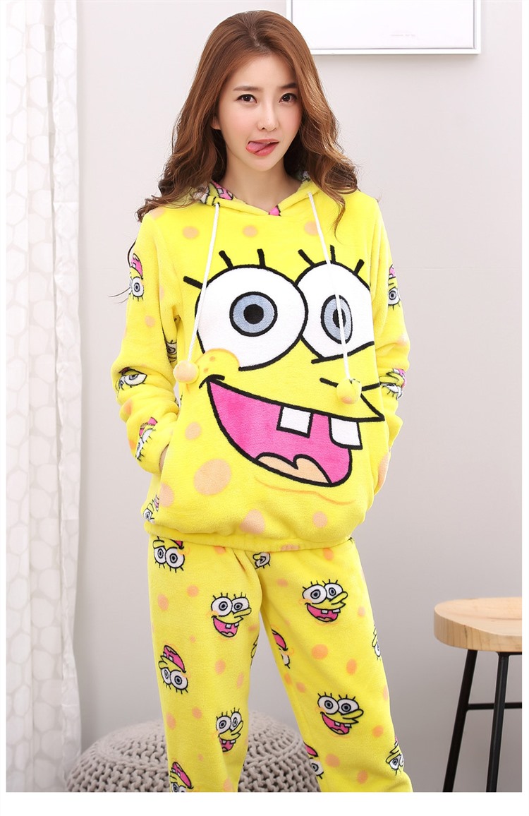 都霏女士套装 爱情公寓同款睡衣冬天张伟海绵宝宝睡衣加绒加厚法兰绒