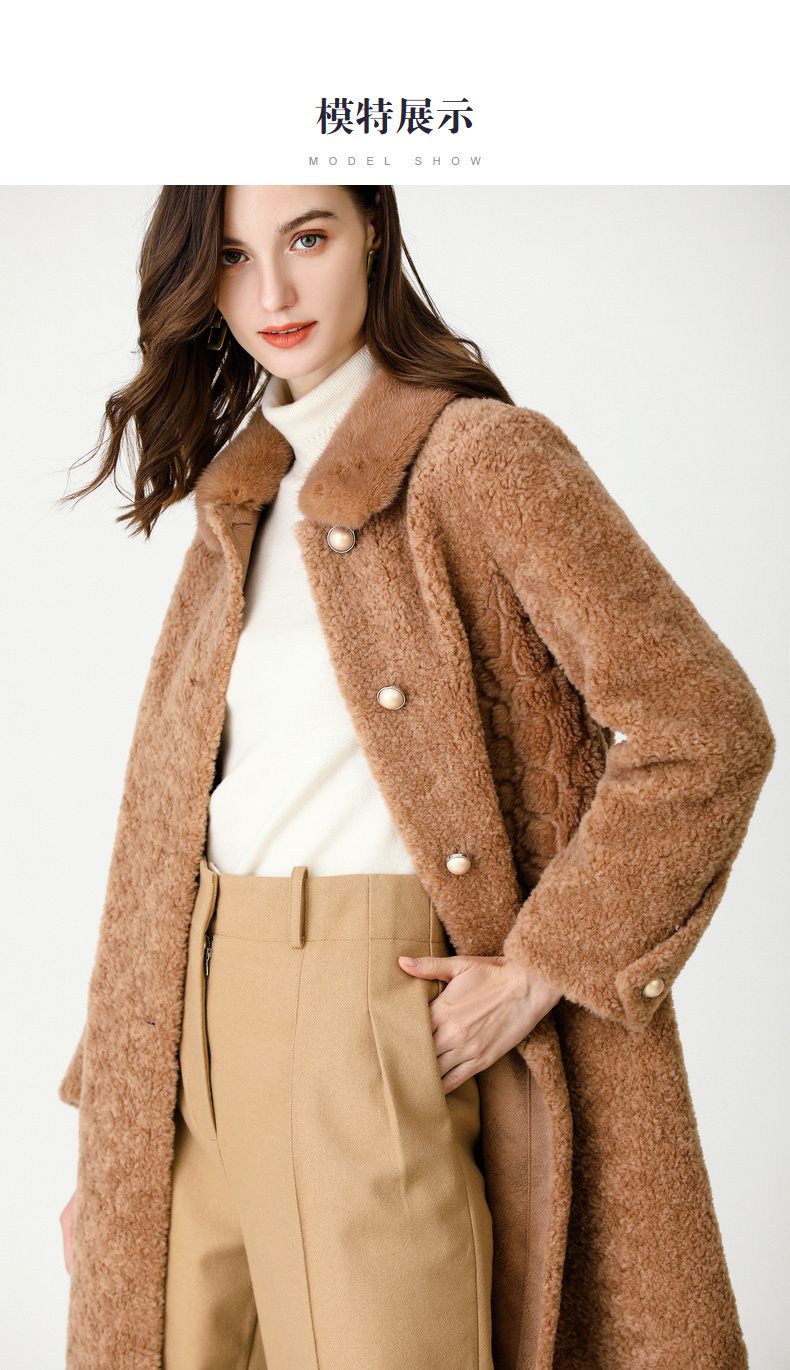 恒源祥颗粒羊剪绒大衣女水貂毛领羊羔毛外套2019秋冬纯色羊毛皮