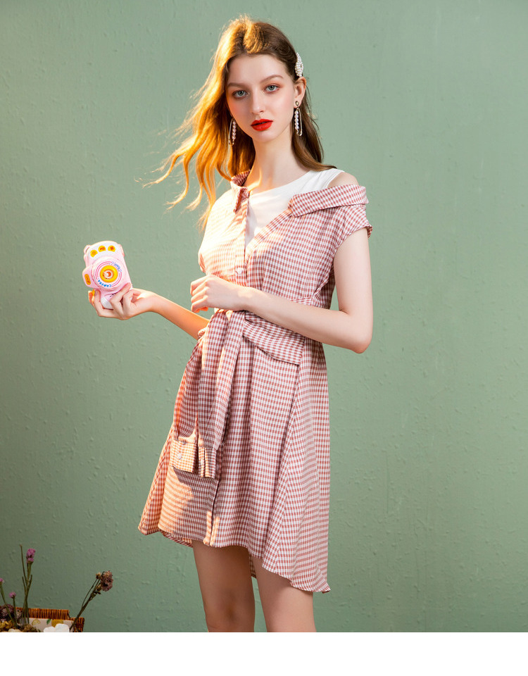 依尚街区衬衫裙女新款格子露肩学院风小清新收腰显瘦小个子短裙
