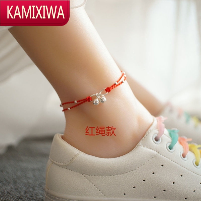 银脚链女铃铛简约复古民族风性感会响森系学生韩版脚踝红绳宫铃 kami