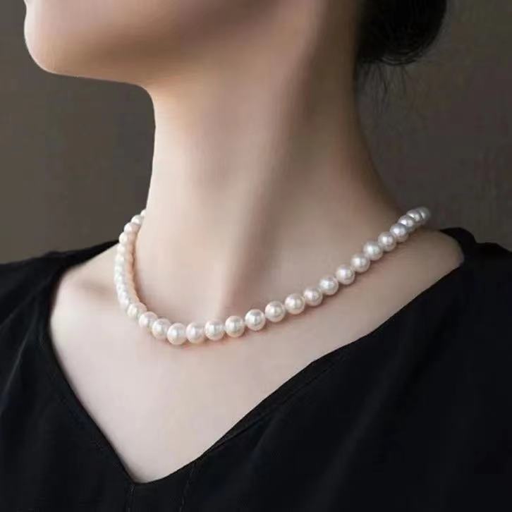 白色贝珠项链直径8mm长度45cm天然海水母贝壳珍珠项链正圆贝壳珍珠送