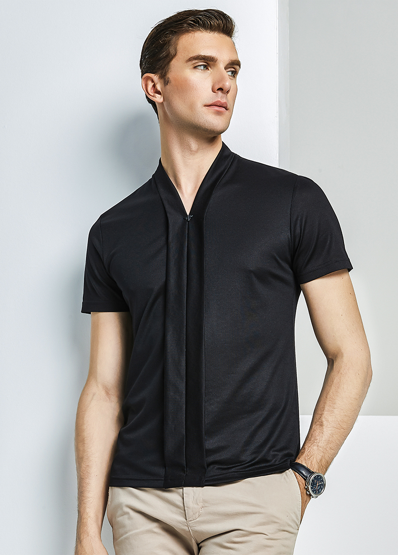 恒源祥男士短袖t恤夏季含桑蚕丝清凉双门襟体恤纯色男装上衣