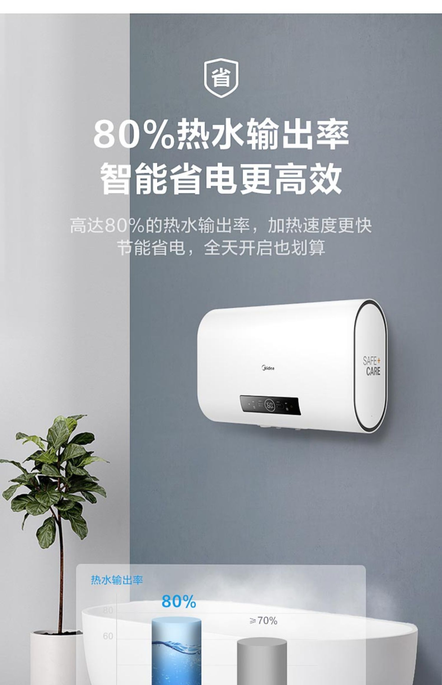 美的50升扁桶电热水器家用小型超薄储水式双胆速热节能大水量智能 扁