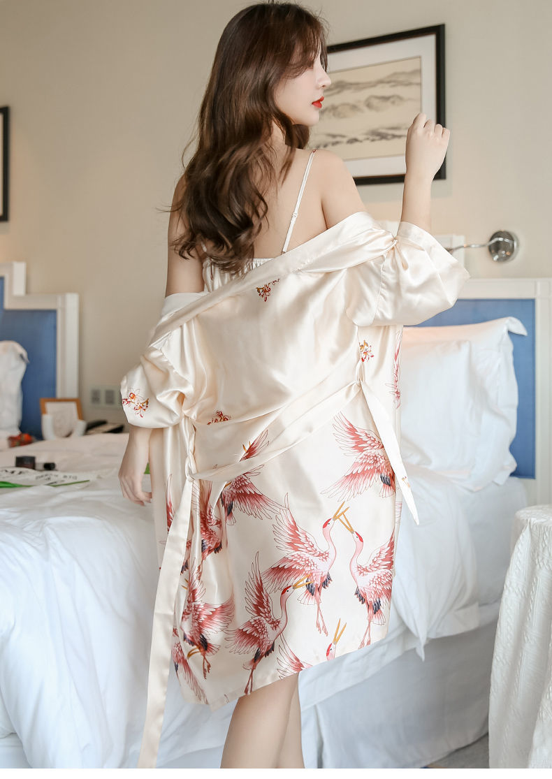 睡袍女夏性感吊带睡裙浴袍睡袍冰丝真丝睡衣女薄款两件套家居服春