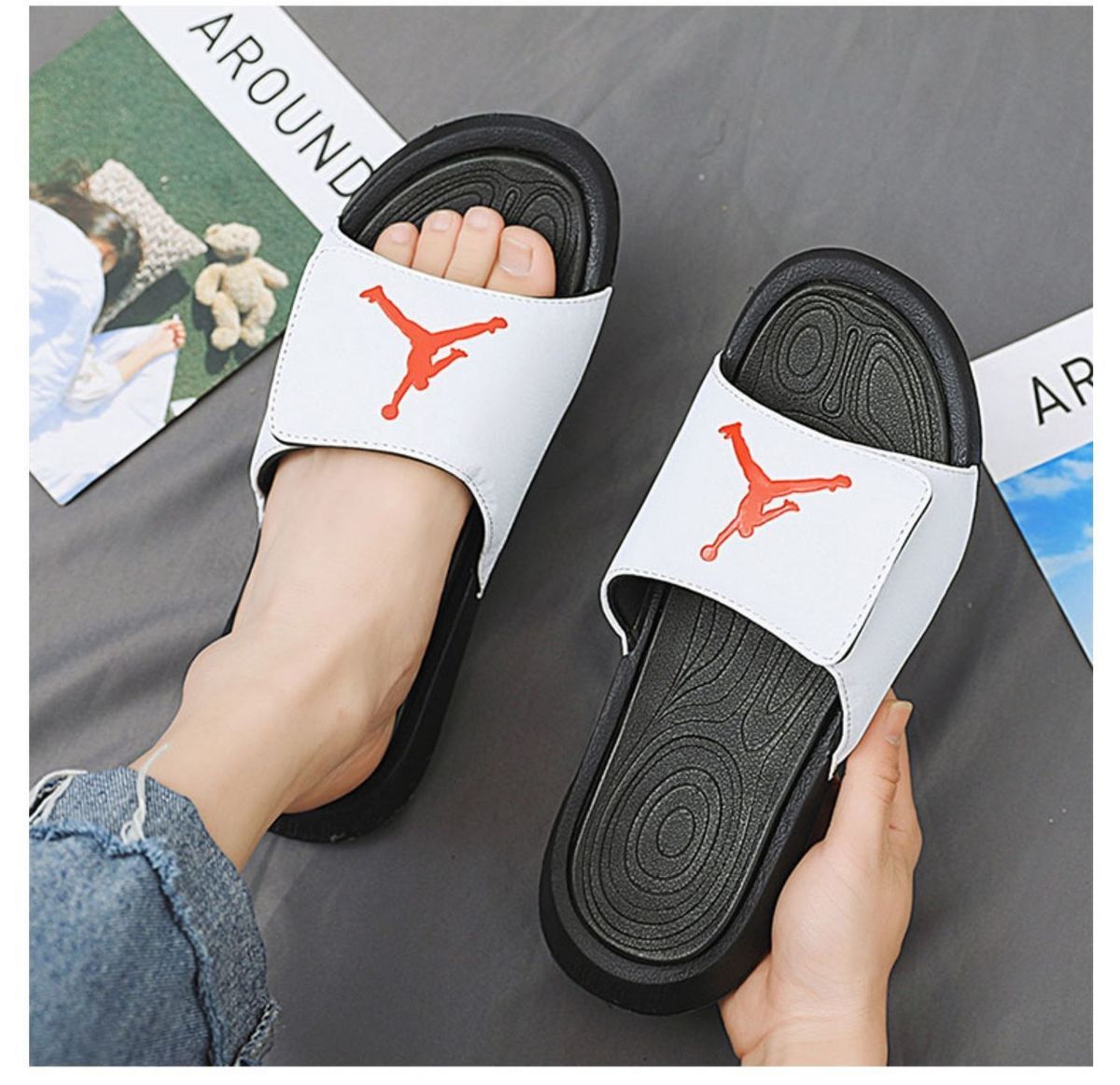 aj乔6飞人情侣拖鞋男夏季户外魔术贴一字拖潮牌乔六奥利奥凉拖鞋白灰