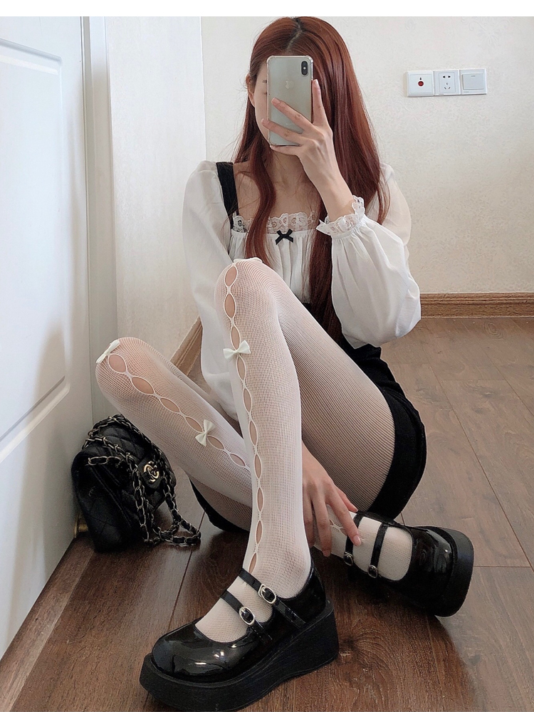可莉允日系jk白色连裤袜性感黑色丝袜女春夏薄款透肉蝴蝶结渔网打底