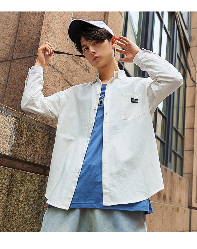 韩路休闲男装2019秋季新品衬衫男oversize开衫衬衫领长袖衬衣外套男士