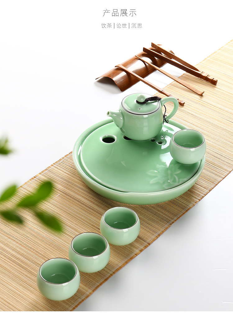 三维工匠家居器皿 三维工匠家用陶瓷茶盘大号手绘荷花茶台圆形双层储