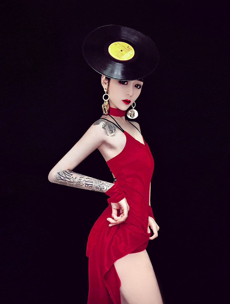 酒吧ds新款夜店dj女歌手服复古长裙gogo秀领舞服 唱片帽8071 均码