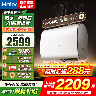 海尔(Haier)[AI语音BK30]电热水器60升 国家补贴15%双胆扁桶净水3300W速热 语音交互