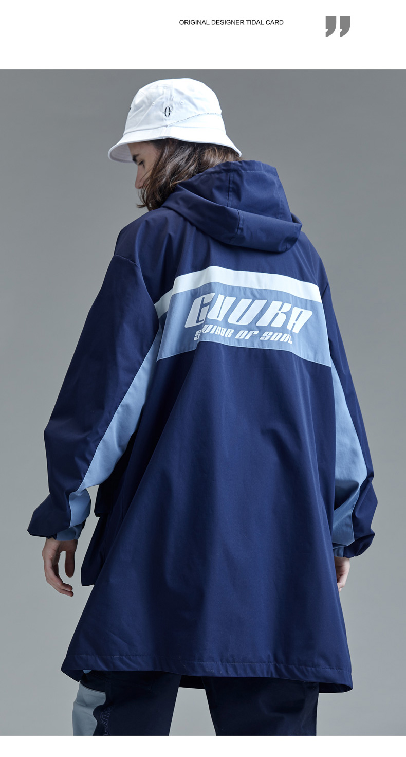 guuka潮牌蓝色风衣男春季学生嘻哈运动印花中长款防风衣外套宽松