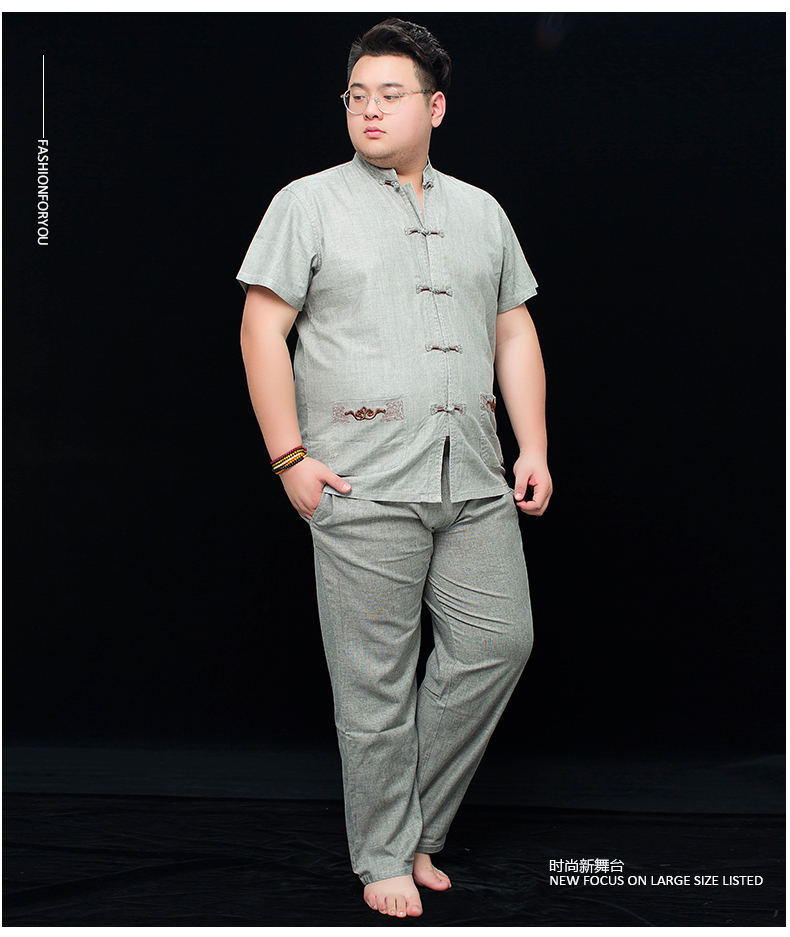 suntek中国风亚麻套装男夏季加肥加大码古风汉服男胖子唐装短袖外套