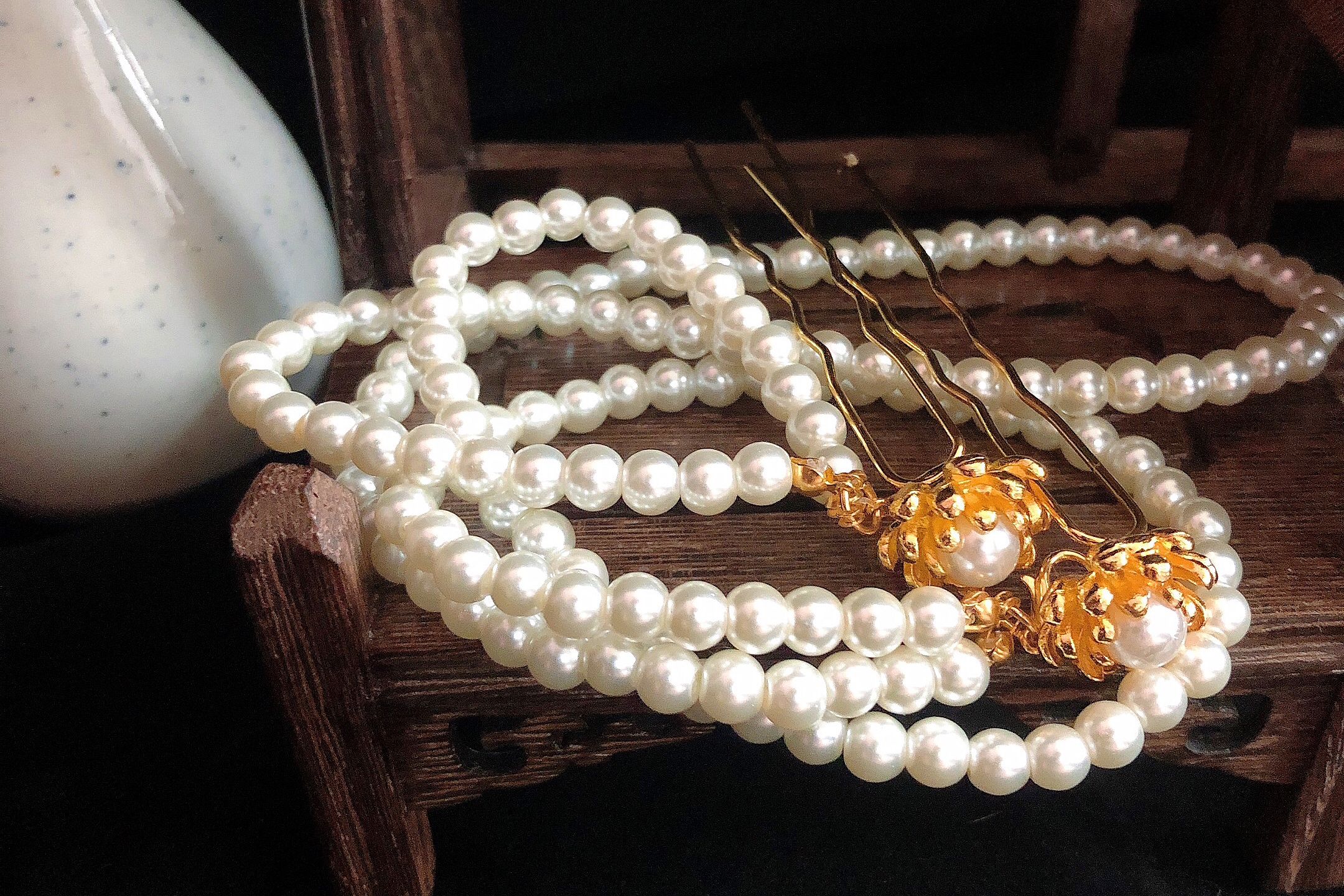 后发压汉服珍珠链发饰流苏步摇对夹古风日常夹子超仙簪子古装头饰小花