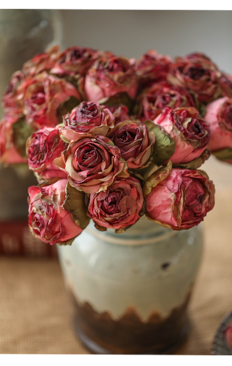 复古焦边玫瑰仿真花假花摆件客厅美式乡村装饰花艺绢花封后单支酒红色