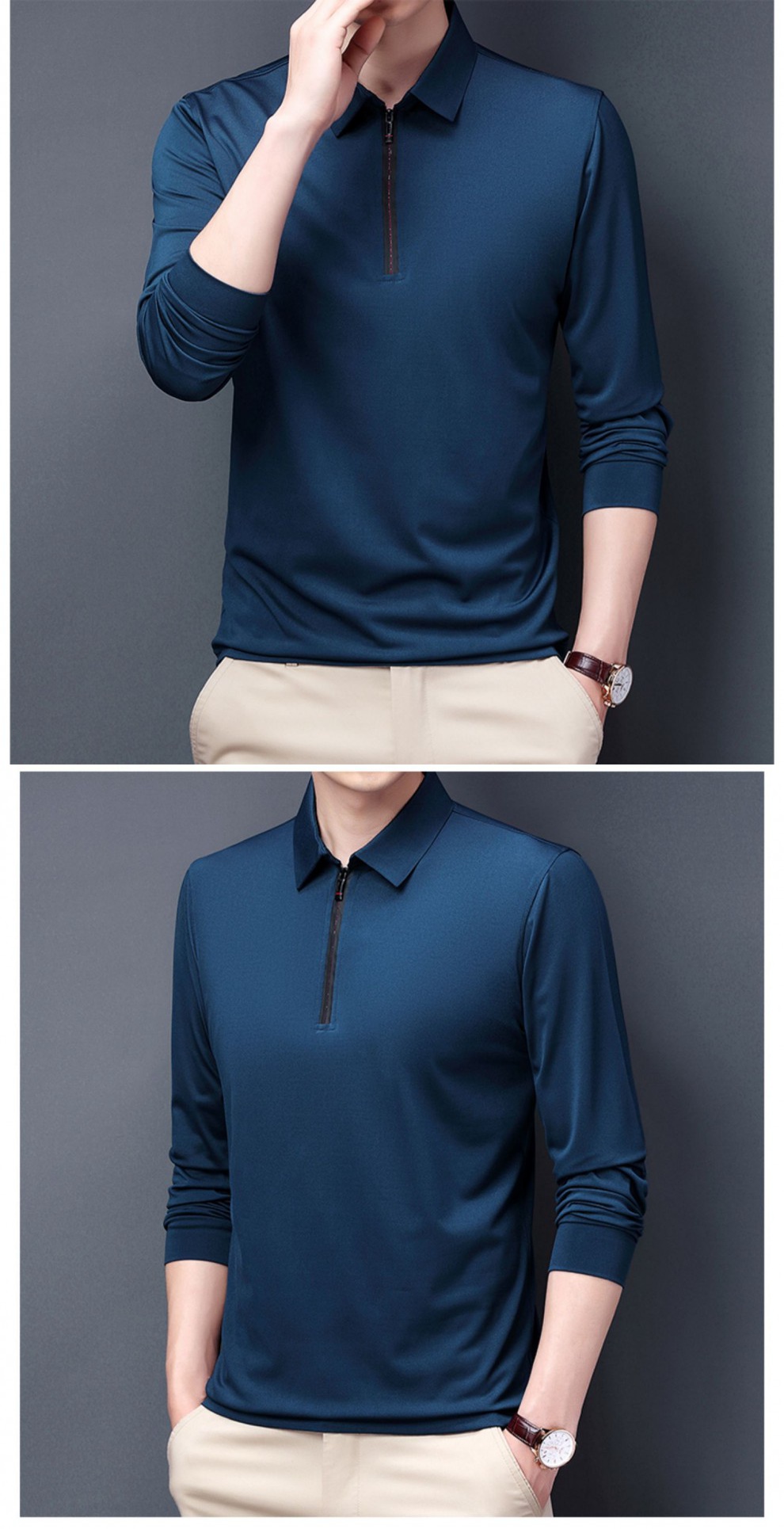 恒源祥速干t恤男长袖春秋季薄款中年爸爸秋装上衣秋衣半拉链打底衫