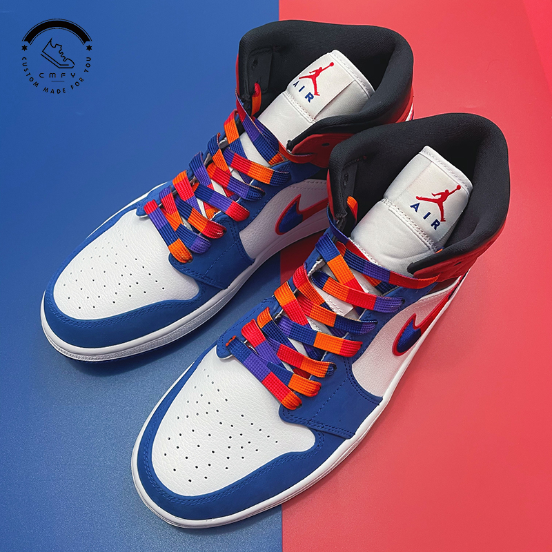 eve适配nikeairjordan1mid刺绣拼接彩钩aj1白蓝红拼接中帮球鞋带洗鞋4