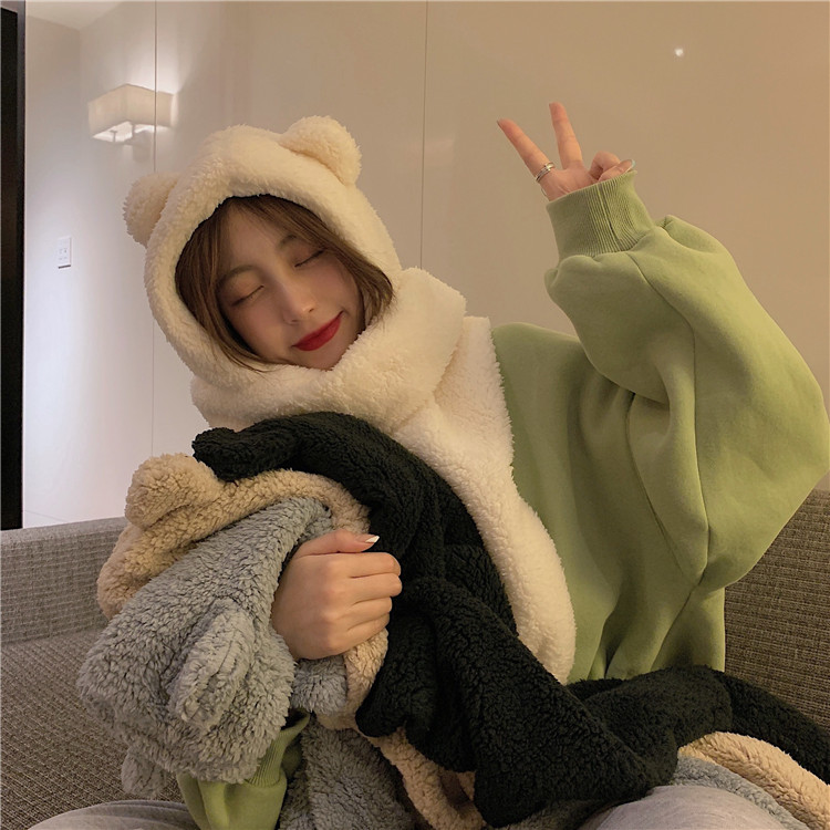 小熊耳朵围巾连帽一体毛绒帽子女秋冬可爱网红款韩版百搭保暖围脖fish