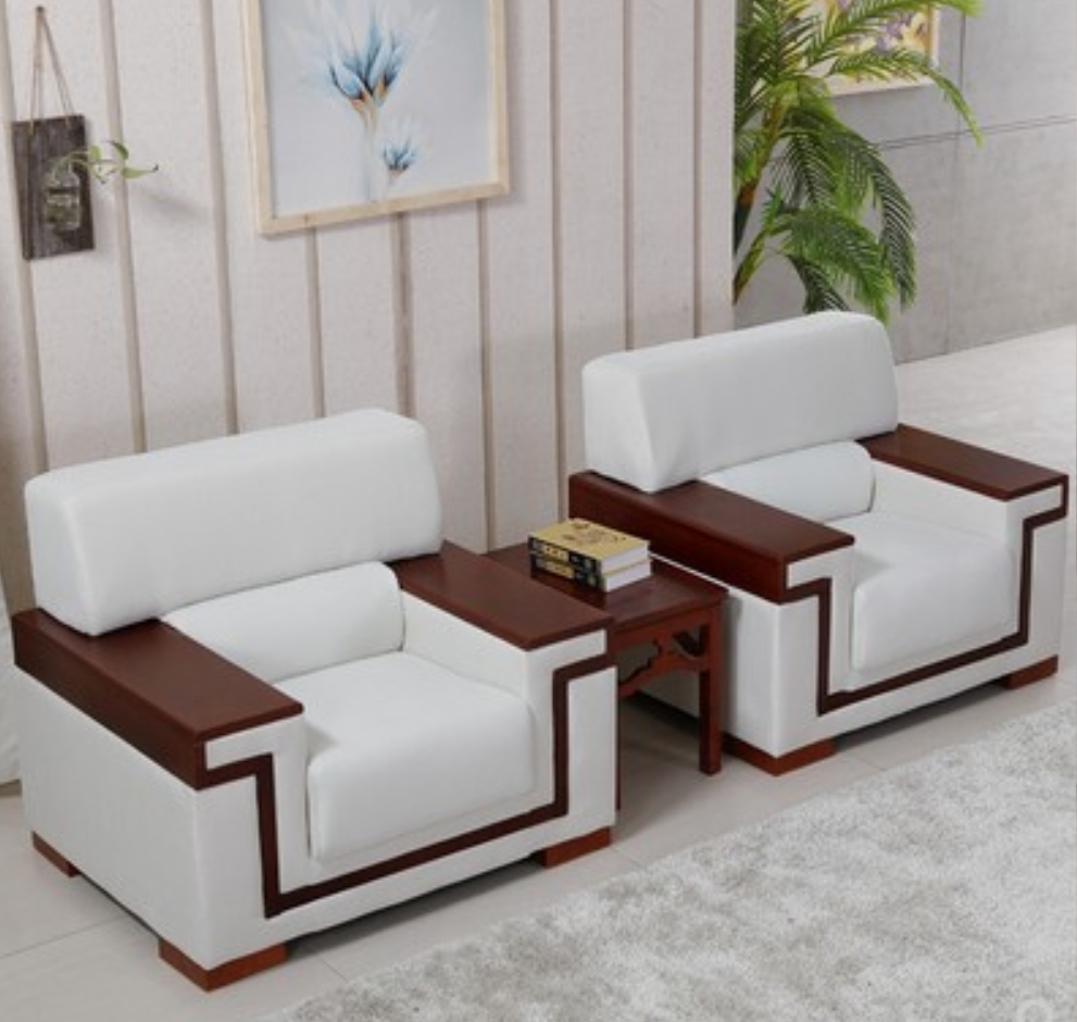 迈亚中式沙发贵宾接待会议沙发真皮中式办公沙发单人白色布艺