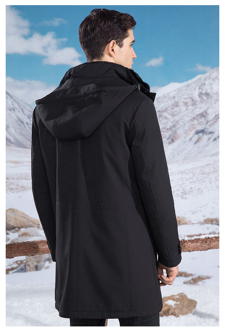 雪豹2019冬季新品男士水貂毛皮内胆休闲商务连帽中长款外套