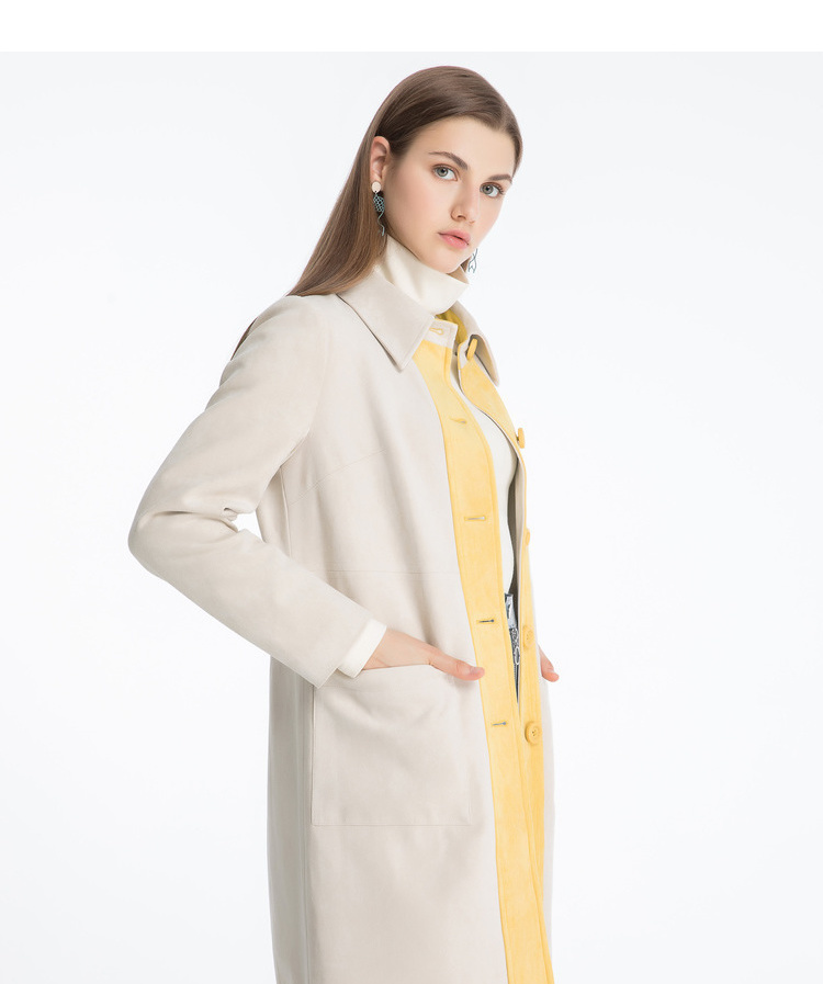 lagogo方领气质单排扣风衣女文艺淑女纯色中长款外套