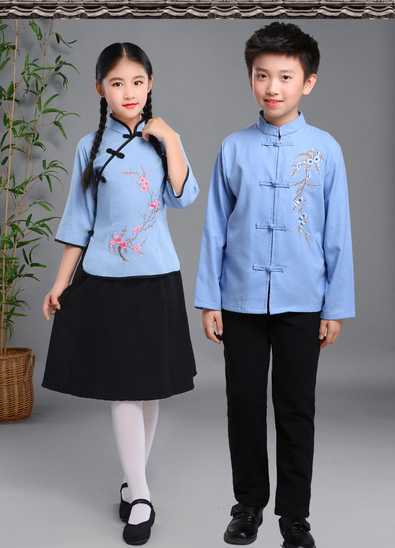 儿童五四青年装表演服民国风男女童中山装幼儿诗歌朗诵合唱演出服蓝色