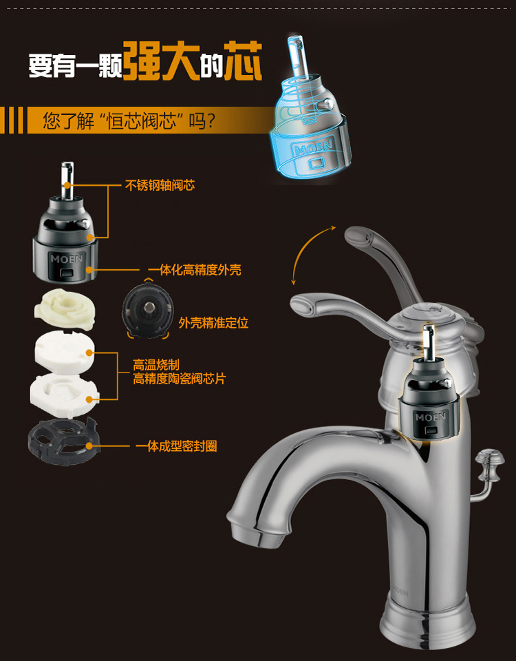 单孔阀芯类型:陶瓷片阀芯产地:中国江苏苏州市材质:铜镀铬品牌:摩恩