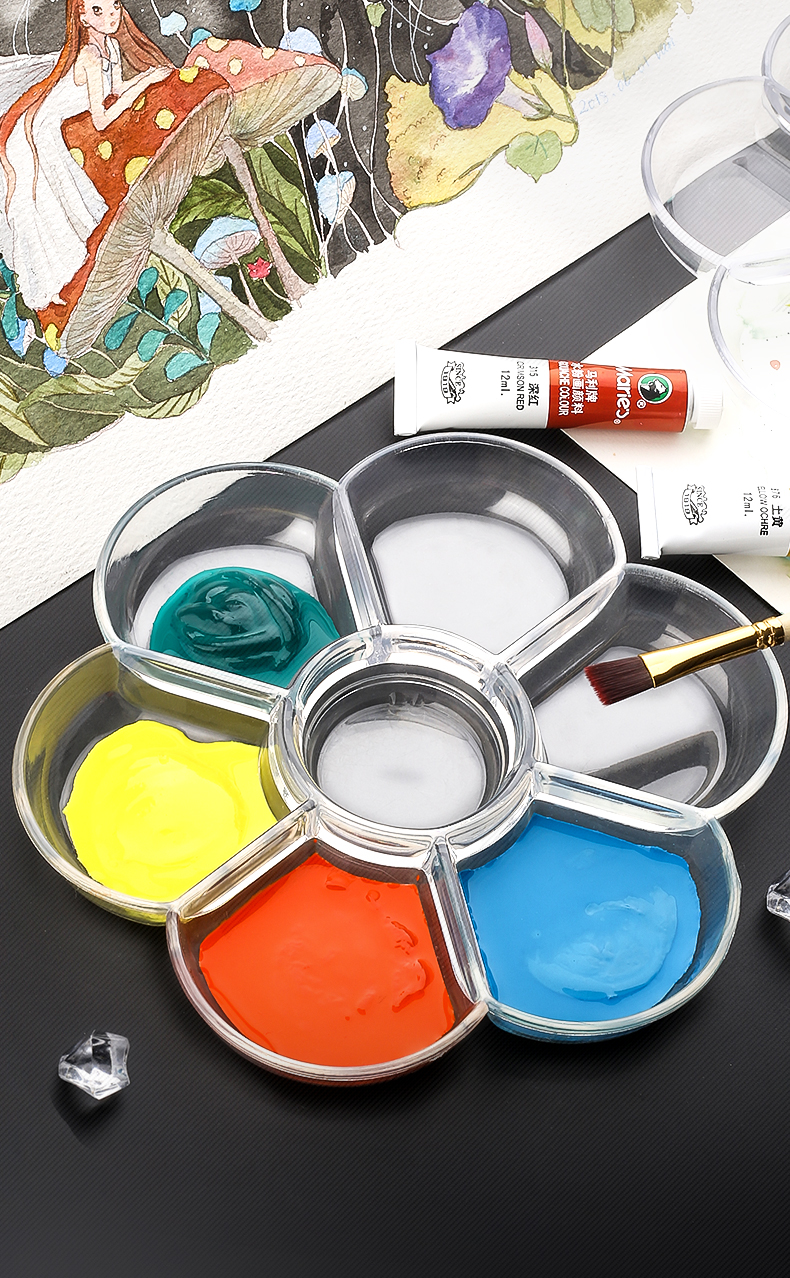 快力文梅花形调色盘碟7格大号加厚塑料绘画水粉颜料水彩国画调色板