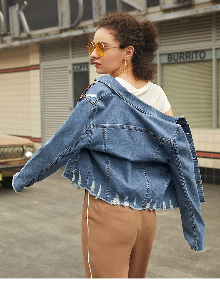 艾莱依2019春新款单排扣破洞牛仔外套女韩版绣花短外套