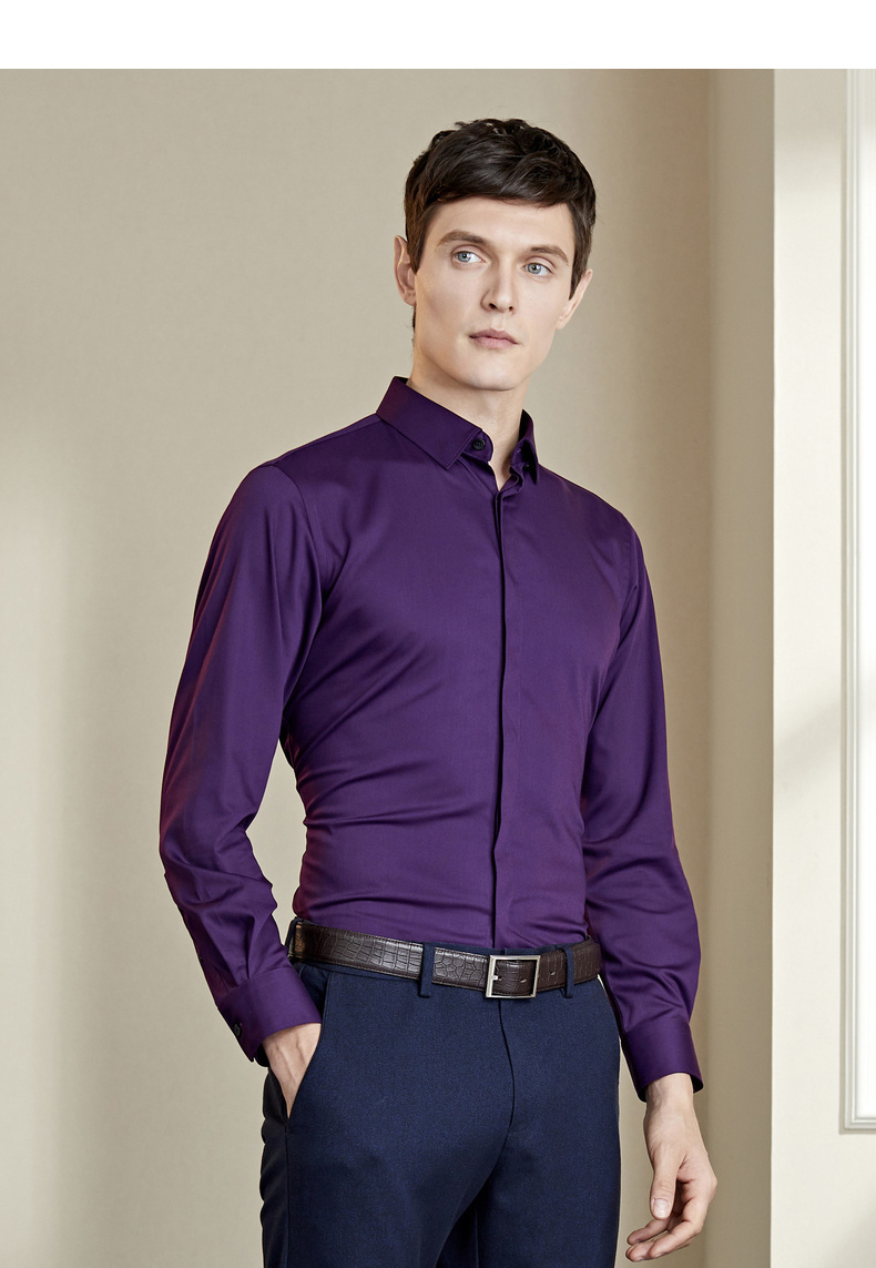 youngor雅戈尔男装商务正装竹纤维修身剪裁优雅素色暗紫衬衫056jfy