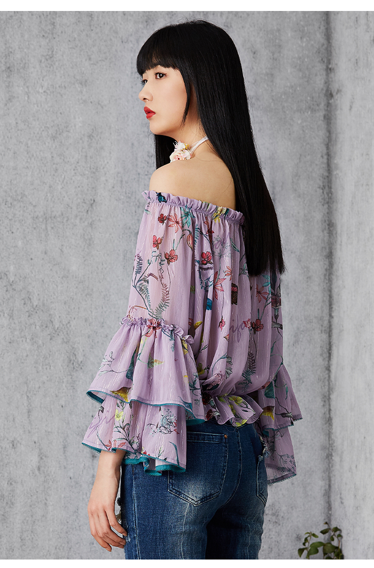 菲儿女装2020春夏新款粉紫色仙气雪纺衫掐腰小衫一字肩上衣女