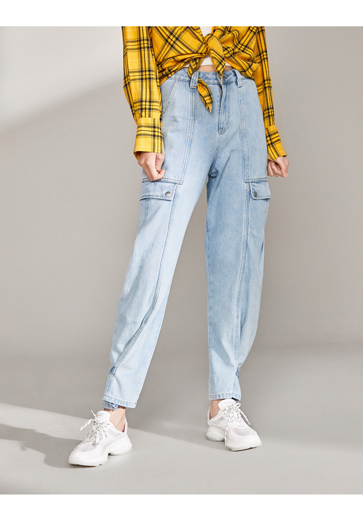 太平鸟薄款牛仔裤女2019夏季新款高腰宽松工装风阔腿裤直筒长裤女