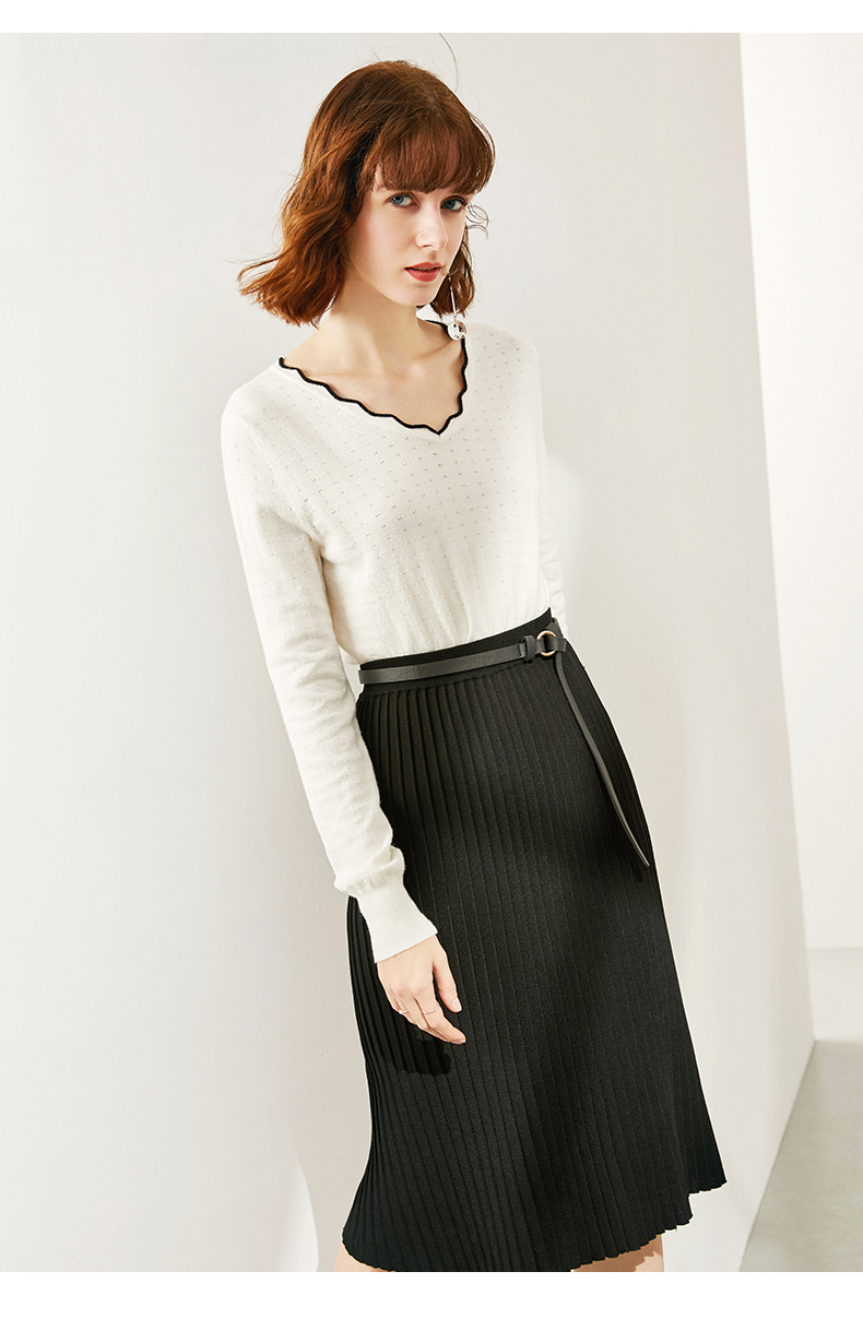 欧莎白色镂空v领针织衫女薄款2020新款春内搭纯色打底衫修身上衣