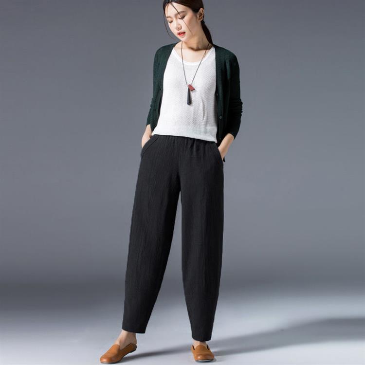 棉阔腿裤女夏2021宽松大码白色哈伦裤显瘦休闲黑色九分灯笼裤子