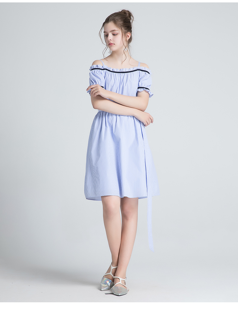 lagogo蓝白条纹一字领露肩显瘦短袖连衣裙女高腰中长款裙子 蓝白(nv)