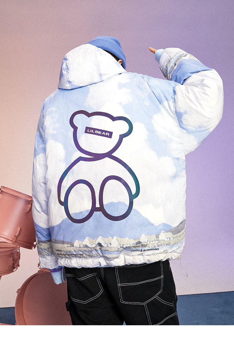 lilbear小熊羽绒服连帽镭射反光油画印花外套秋冬保暖上衣男尺码偏大