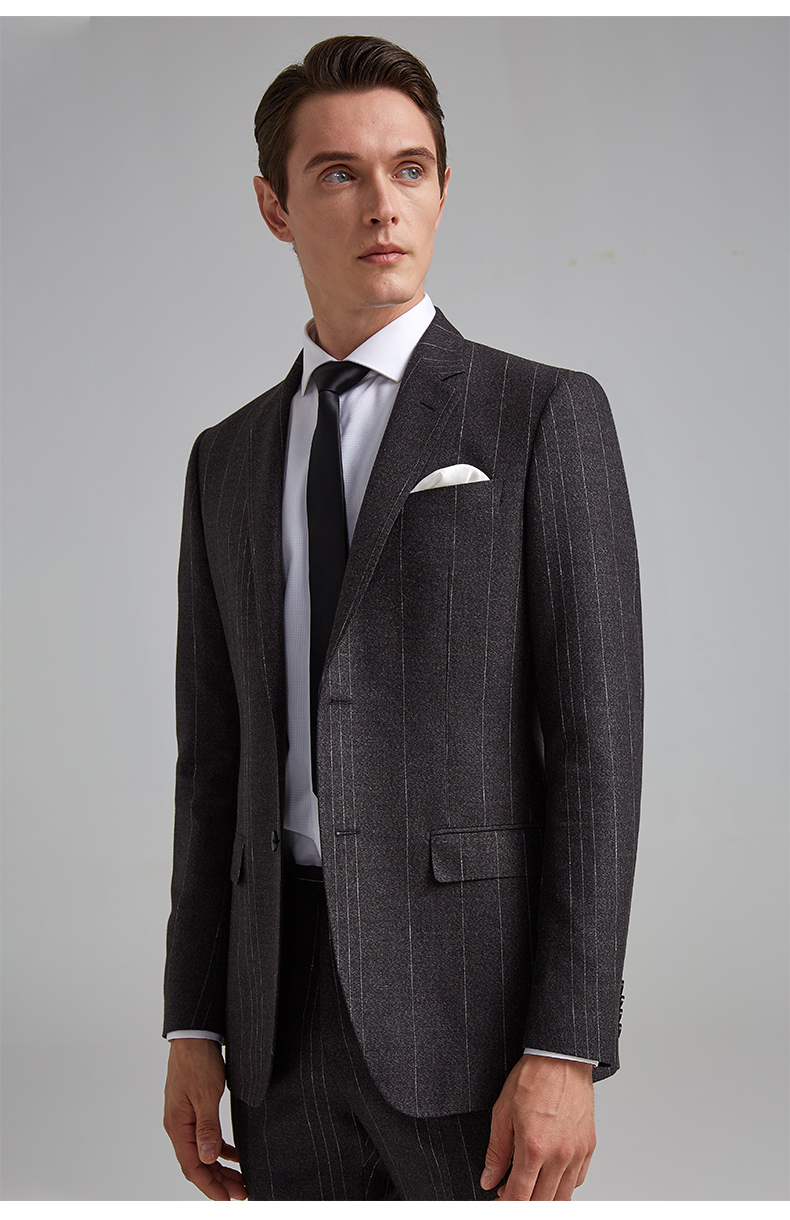 baromon培罗蒙秋装新品男士商务正装深灰色条纹西装修身西服套装