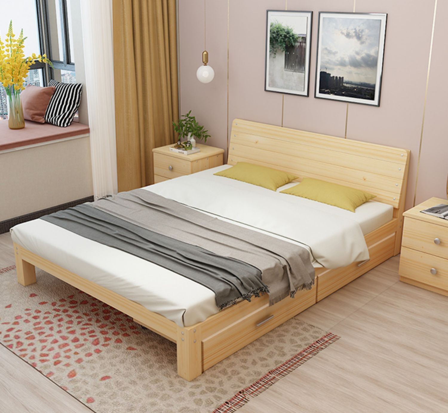 实木床现代简约1.8米主卧双人床1.5经济型出租房用简易1.