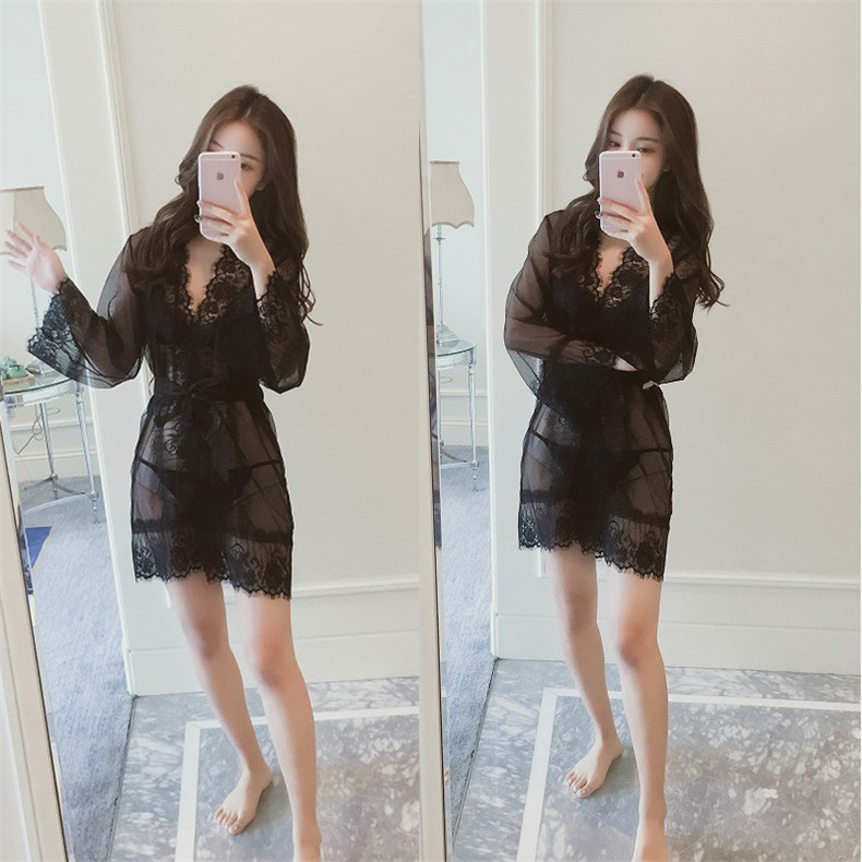 女式情趣睡衣套装全透明蕾丝睡袍文胸吊带免脱开档丁字内裤透视露毛三